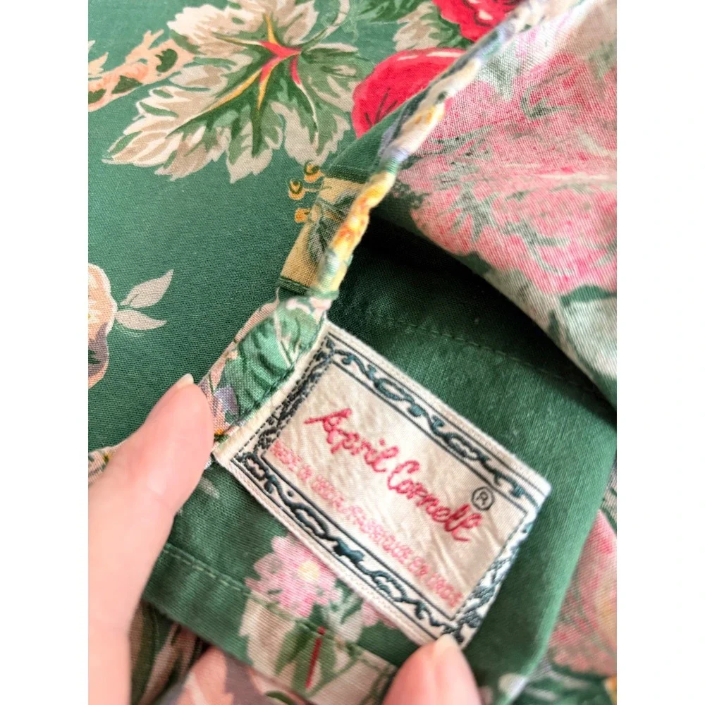 April Cornell Green Floral Cabbage Rose Bib Apron with Pocket Cottagecore